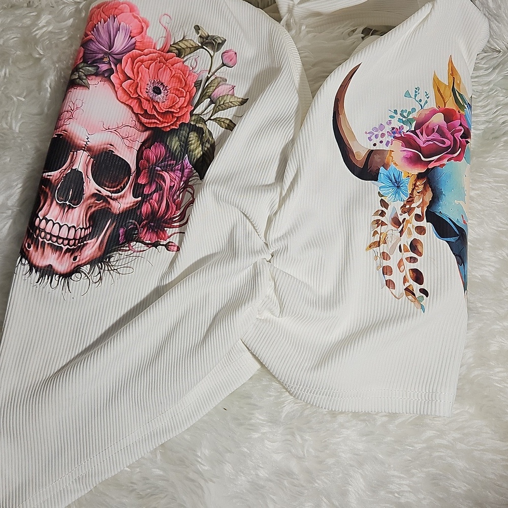 Skull Floral Racerback Tank Top Handmade Size Large - Picture 11 of 17
